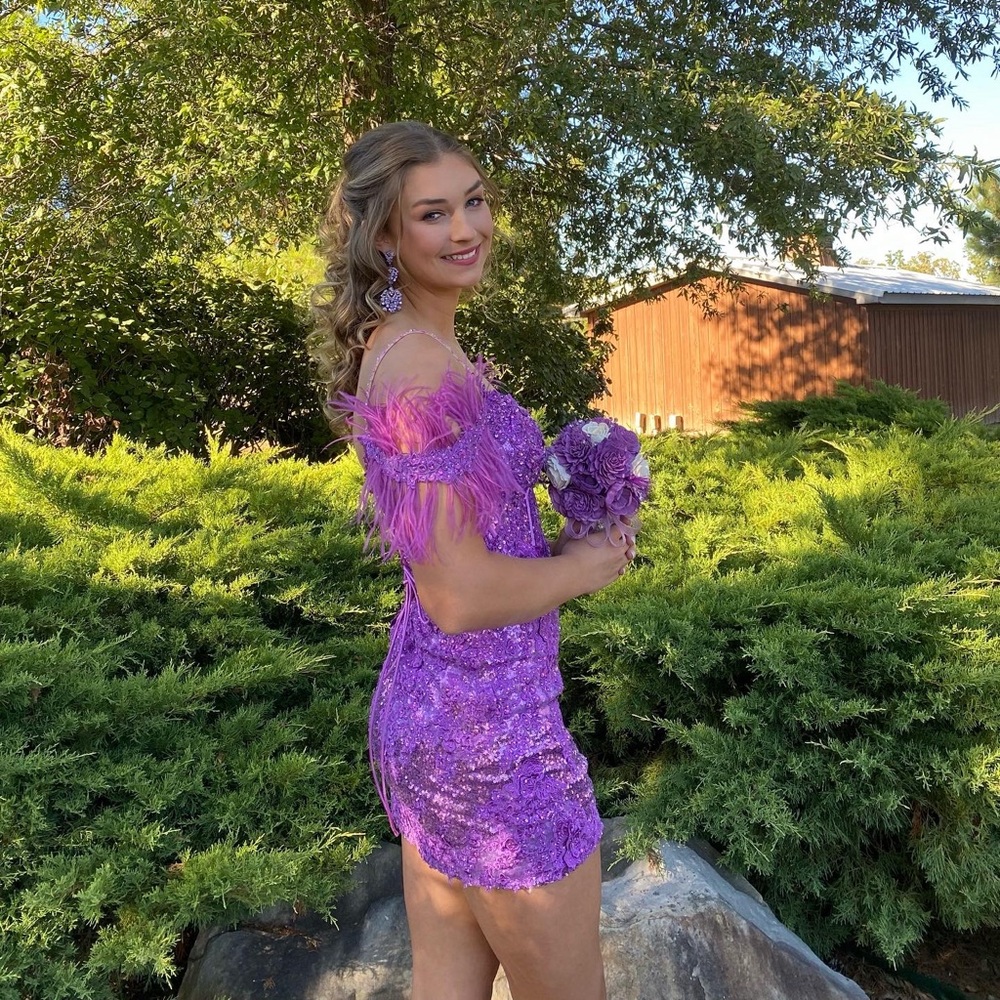 Sherri Hill Purple Sequin Homecoming Dress - Picture 2 of 3
